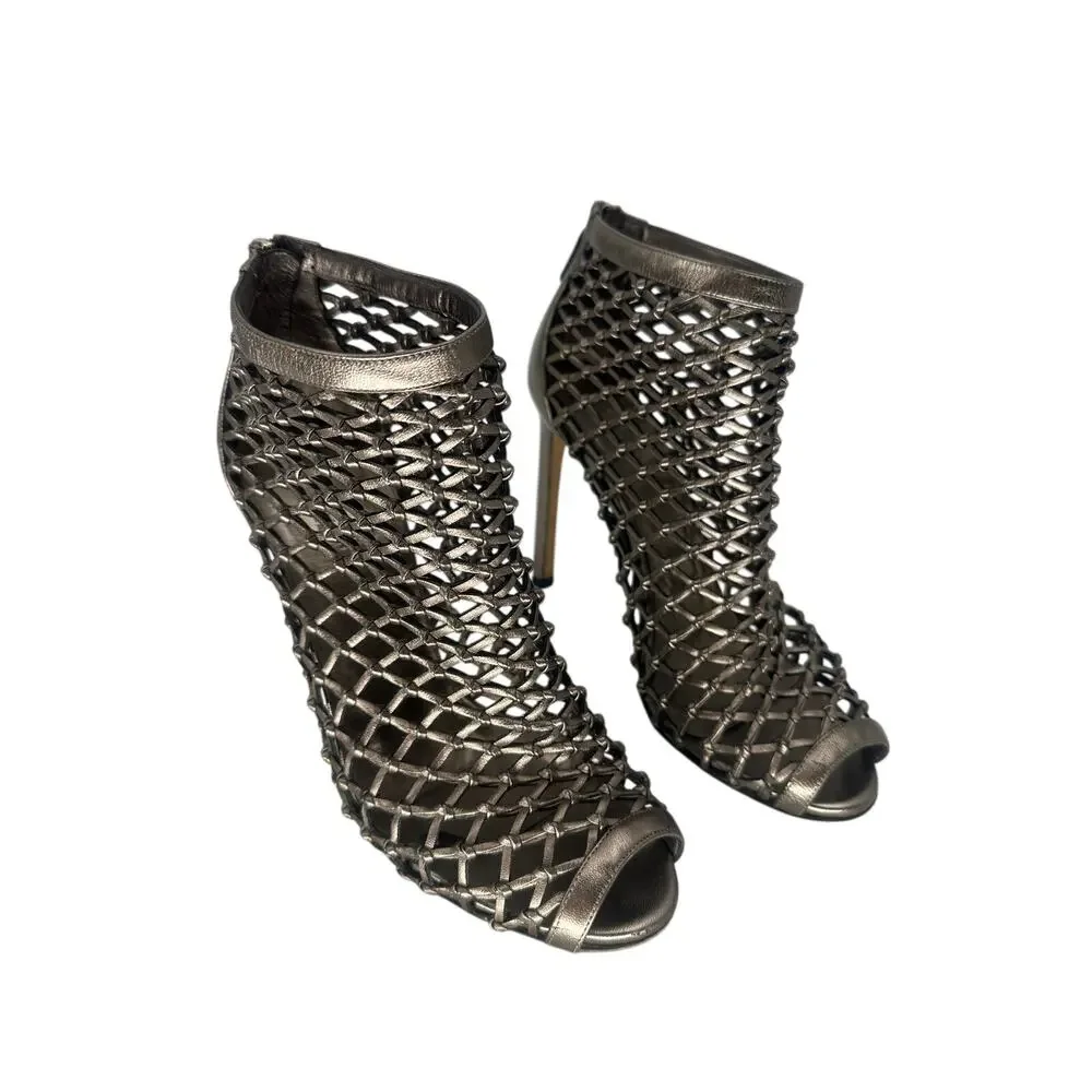 Gucci Eline Metallic Bronze Woven Leather Cage Peep Toe Booties Women's EU 37.5